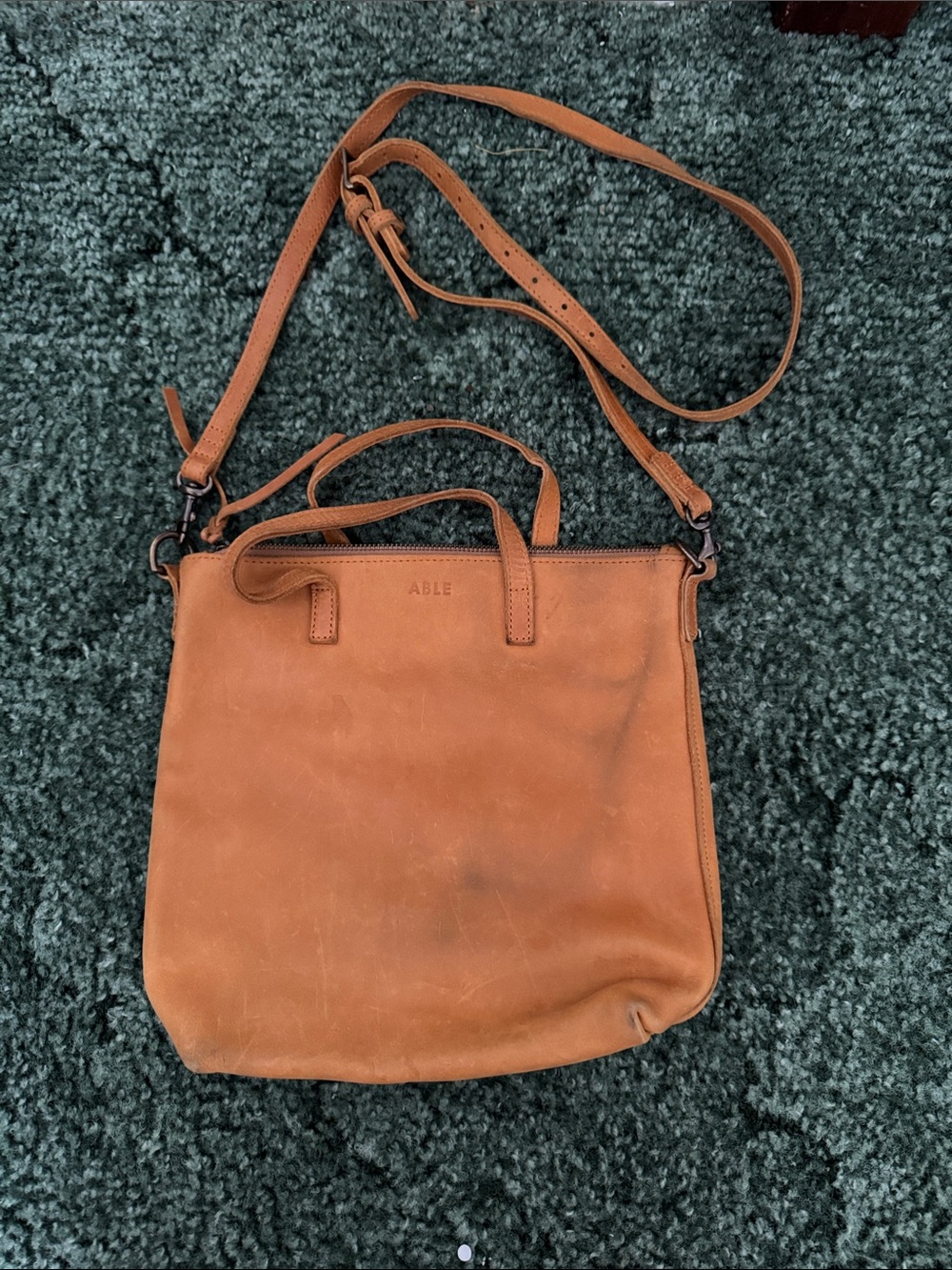 ABLE Leather Crossbody Tote in Cognac Brown